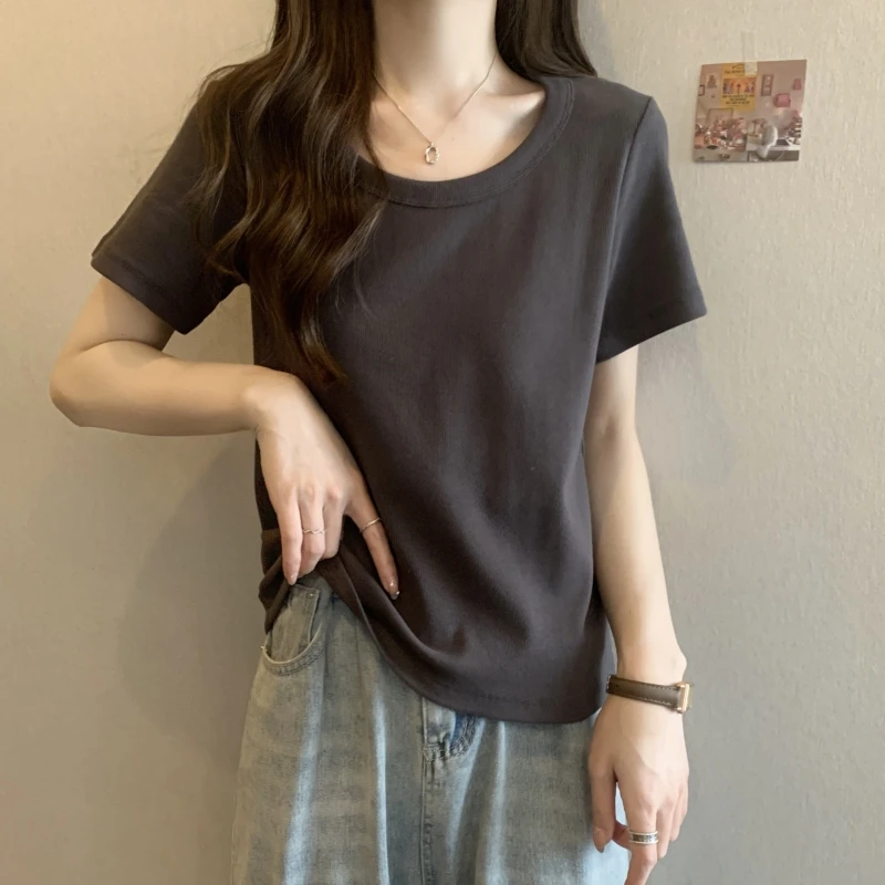 纯欲慵懒风女装大码女装夏季正肩短袖t恤胖mm遮肚显瘦打底衫上衣