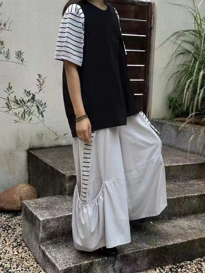 宽松松紧阔腿裤大口袋夏季百搭拼接日系松紧腰简约阔腿宽松休闲