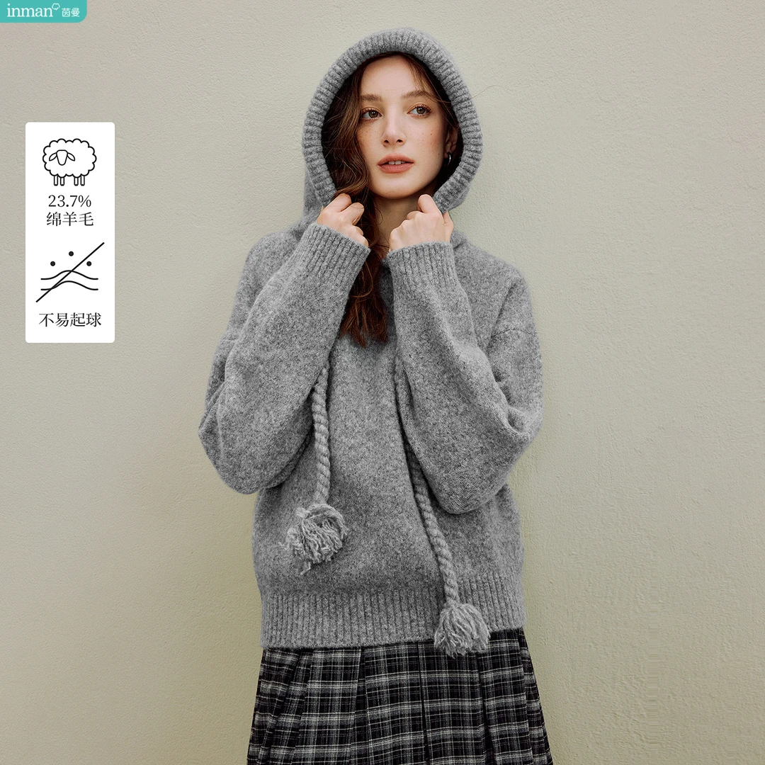 茵曼格雷系休闲连帽毛衣2025秋季女装新款慵懒风宽松套头针织衫