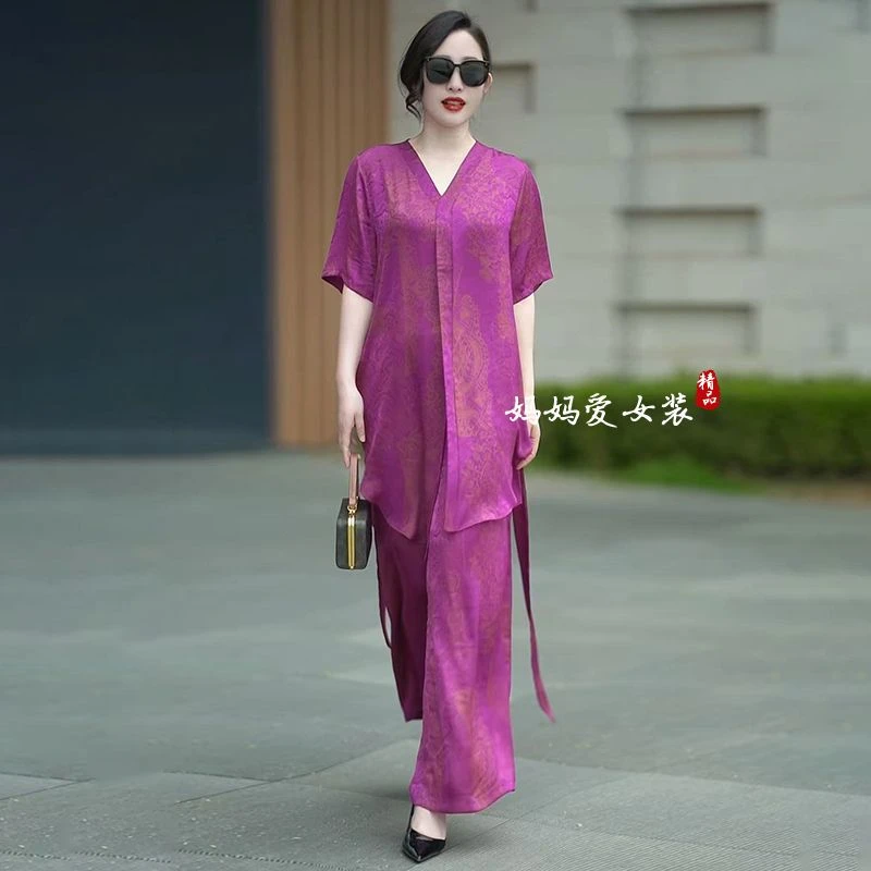 2025夏季新款大码时尚气质宽松显瘦减龄妈妈上衣休闲阔腿裤两件套