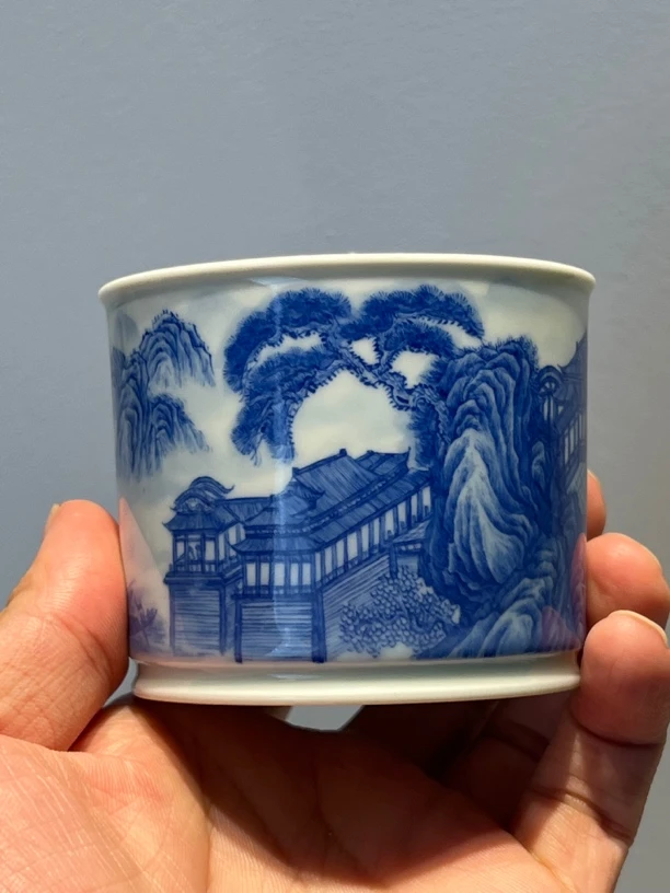 青花山水容天杯唐寅溪山渔隐图卷家用茶器茶杯陶瓷
