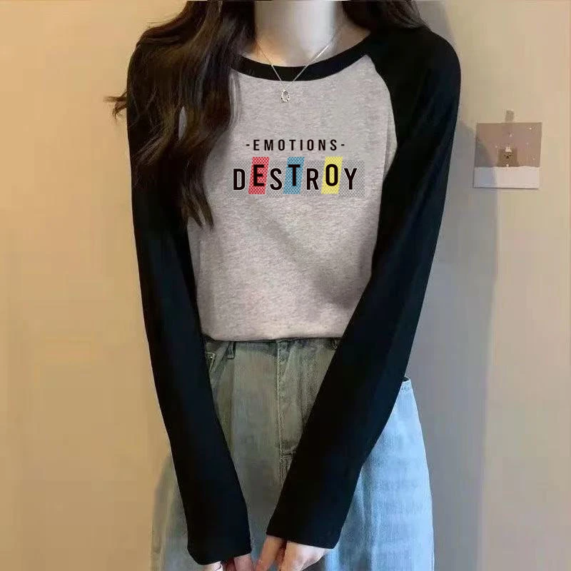 纯棉长袖打底时尚休闲女装韩版新款拼接撞色宽松百搭印花体恤上衣