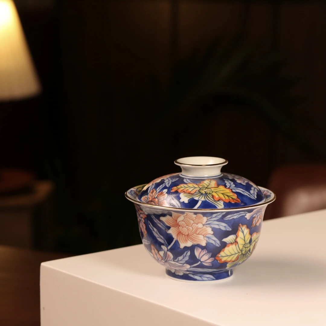 雨溪山房 景德镇手绘青花釉里红蓝地鸢尾花盖碗 茶道茶具 130cc