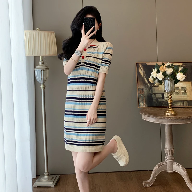 法式连衣裙女夏季2025新款显瘦气质冰丝条纹遮肚子夏日休闲小裙子