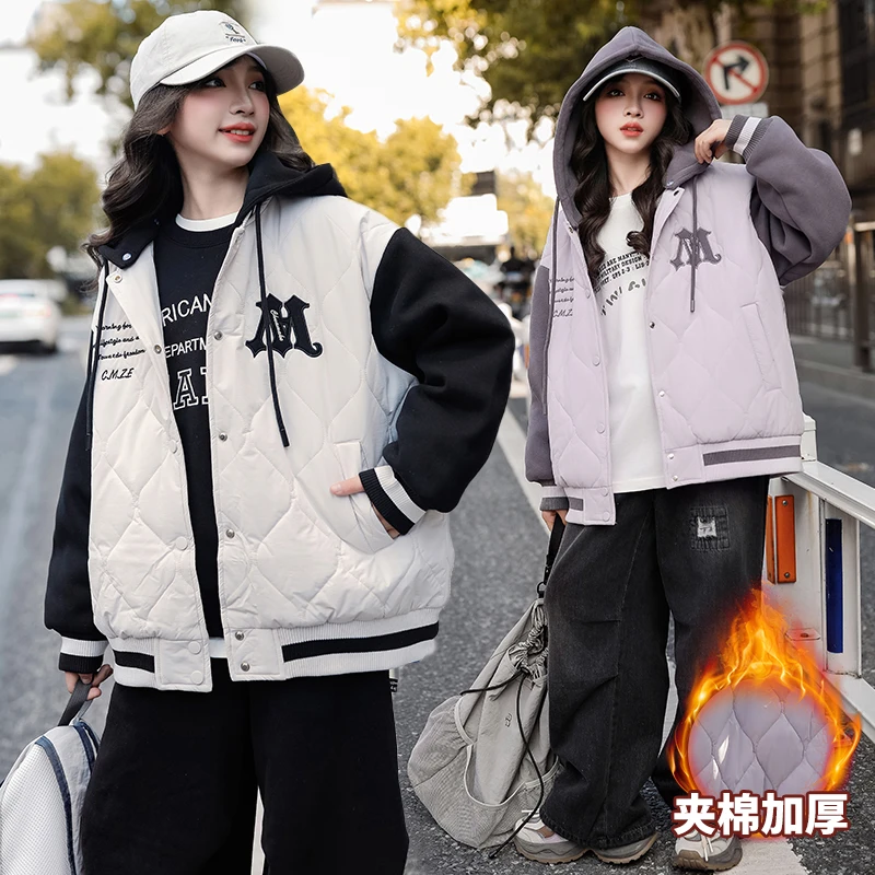 女童棉衣外套秋冬季2025新款中大童休闲运动洋气百搭加厚夹棉上衣