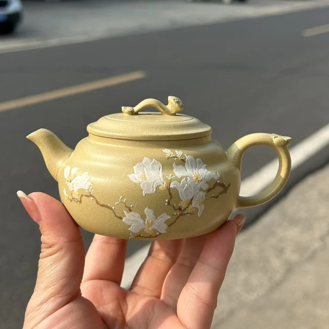 宜兴原矿紫砂壶如意汉瓦玉兰花本山绿泥150ml