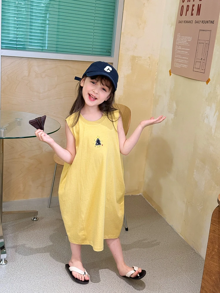 【现货】儿童夏季长款裙卡通贴布绣花拼接设计连衣裙 25D212