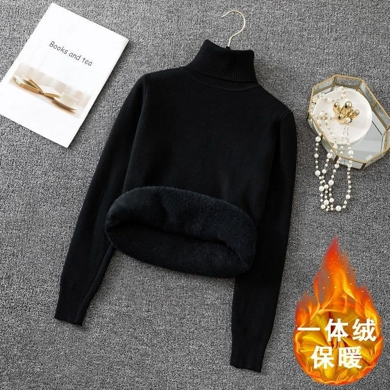 新款韩版冬季爆款一体绒百搭高领毛衣女加厚保暖毛衣针织打底衫