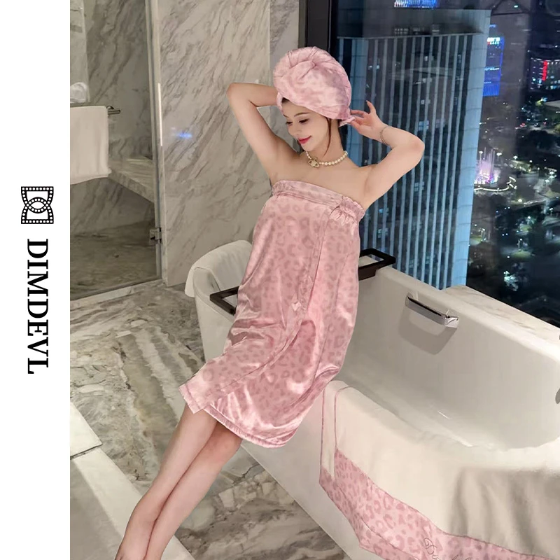 DIMDEVL/汀黛顽皮粉豹抹胸缎面轻奢双层拼接吸水速干浴裙浴帽浴巾