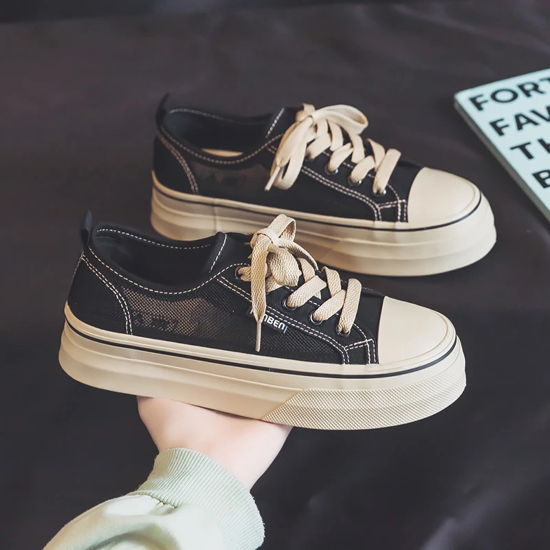 人本网面帆布鞋女2025新款百搭不累脚女士网鞋夏季薄款透气板鞋子