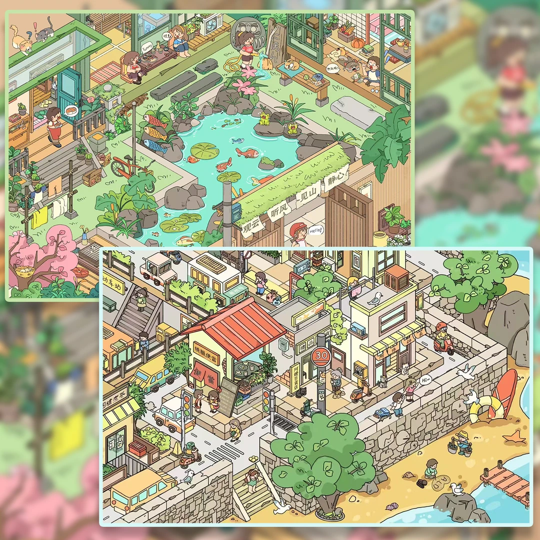 易然文创6.0造景贴纸海滨小镇微缩场景贴纸3d立体小屋手工diy贴画