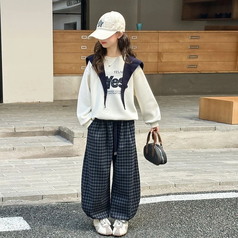 （送披肩）女童新款卫衣套装儿童韩版洋气格子阔腿裤两件套QSC2420