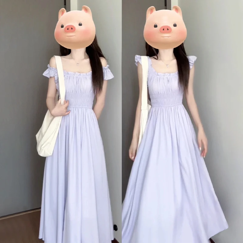 3643法式紫色小飞袖吊带连衣裙子女夏季2025新款气质收腰仙女长裙