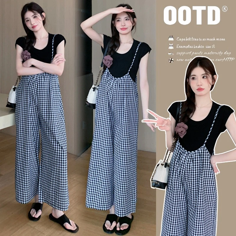 孕妇装夏季格子背带裤套装时尚洋气时髦夏天两件套夏款薄款宽松