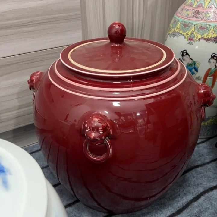 朗红狮子头陶瓷米缸多功能