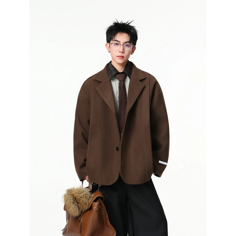 英伦风棕色毛呢西装外套男款潮牌秋季韩系宽松高级感痞帅翻领西服