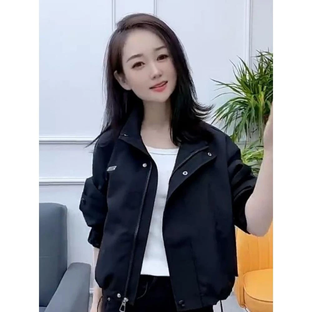 .休闲春秋季百搭外套女2025年新款宽松冲锋衣拉炼夹克短款立领上.