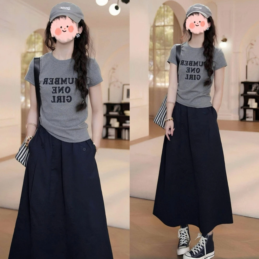 2025夏季字母印花短袖T恤上衣显瘦洋气衣服女百搭半身裙休闲套装