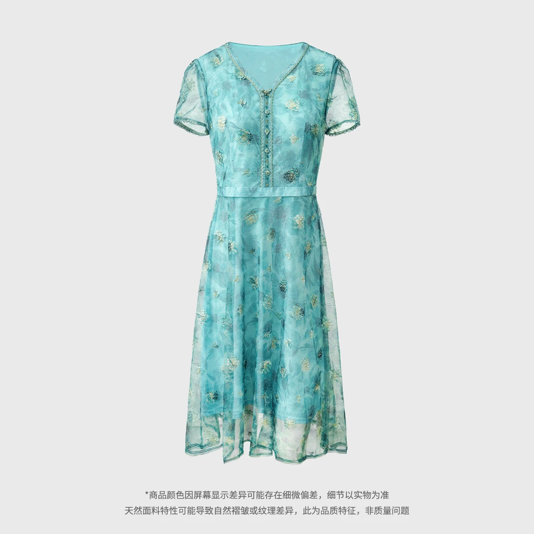 5232碎花V领显瘦夏季印花钉珠连衣裙收腰裙子套头蓝色中长裙
