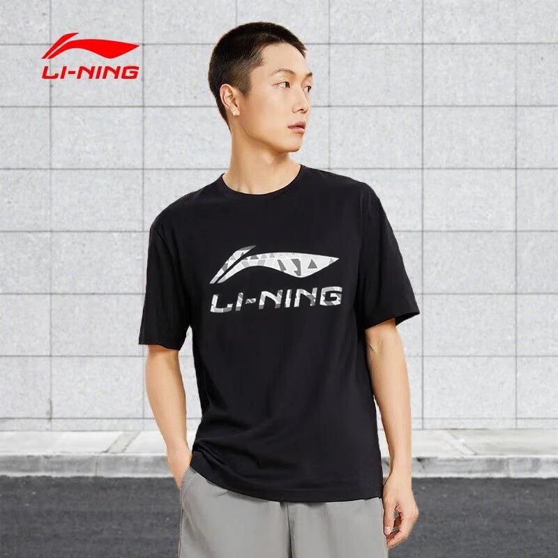 李宁短袖t恤男款棉夏季半袖潮流宽松运动休闲舒适情侣印花文化衫