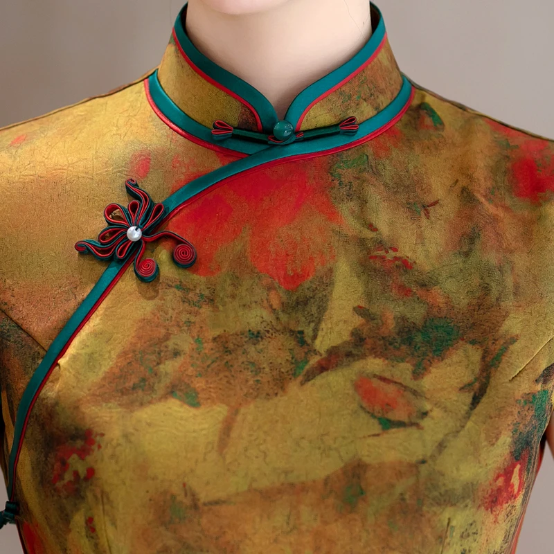 5647旗袍中式时尚复古港风立领印花复古中长款单旗袍牡丹中国风