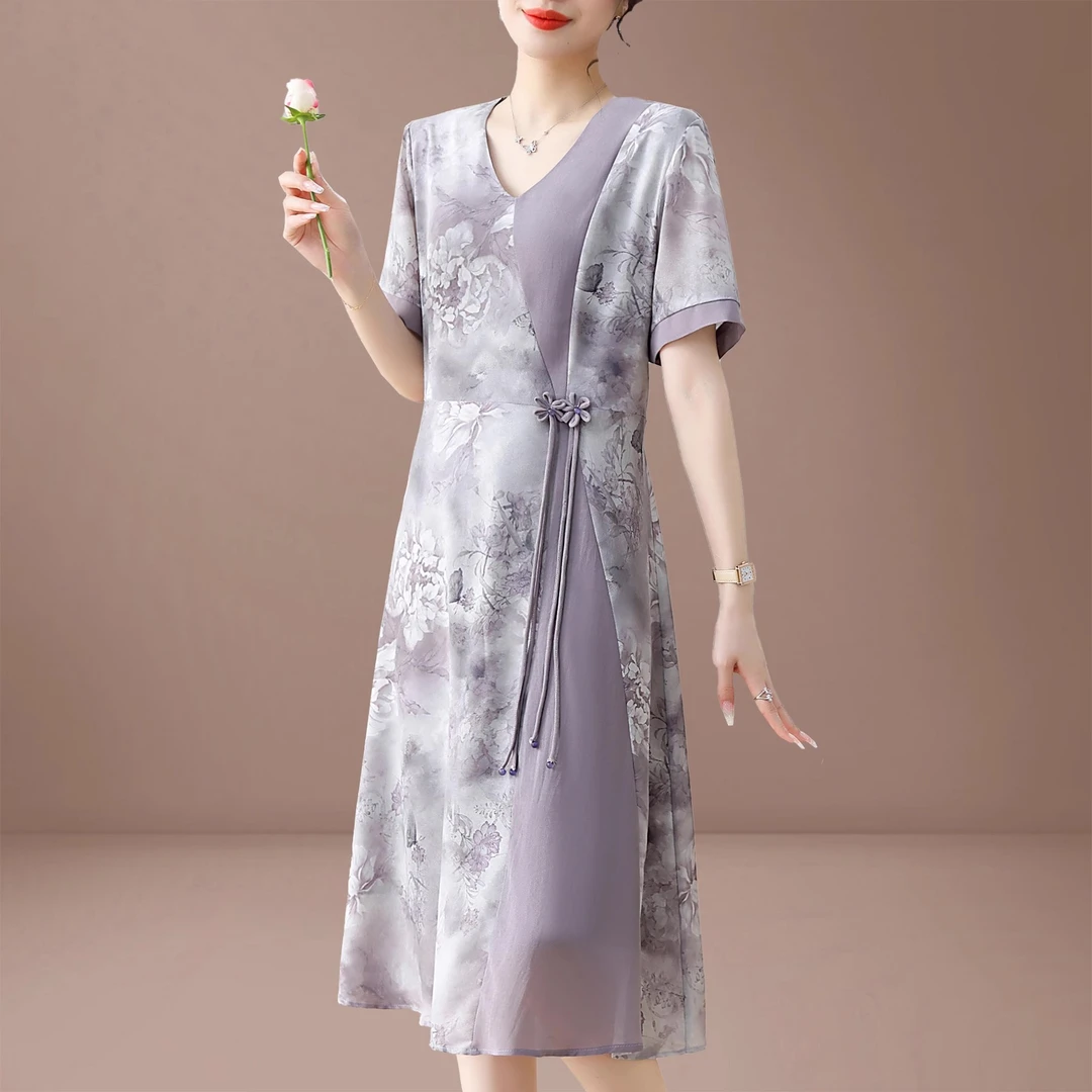 新中式妈妈改良旗袍连衣裙夏装气质中老年女短袖雪纺裙母节衣服
