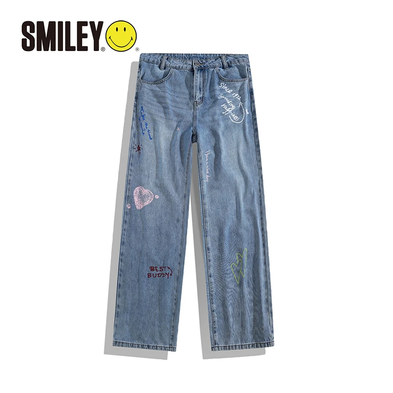 SMILEY笑脸直筒牛仔裤女款潮牌喷绘涂鸦