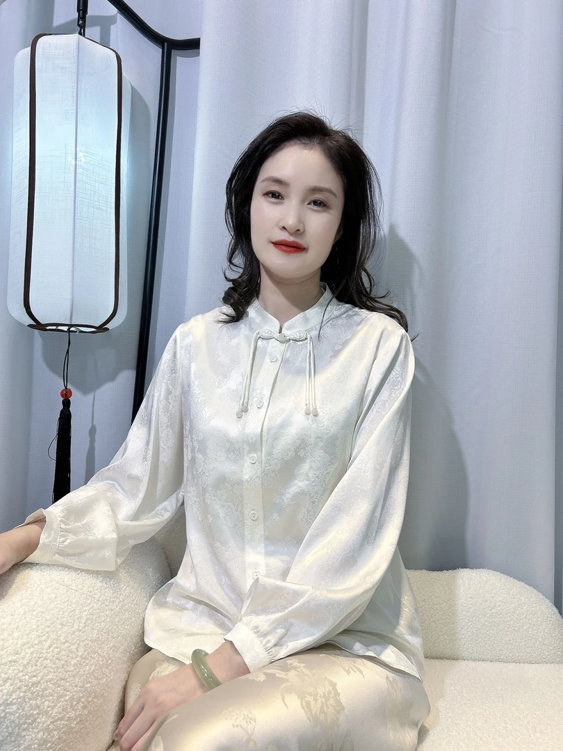 （已开价）桑蚕丝罗底提花新中式对襟立领对襟衬衫上衣