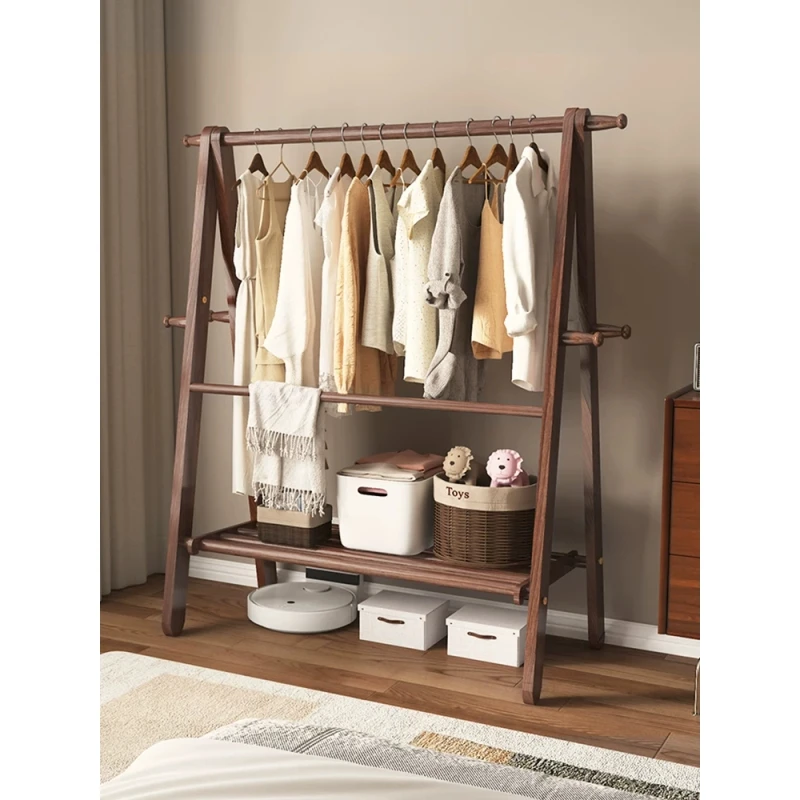 实木衣帽架落地双杆挂裤家用卧室挂衣服置物房间室内木质挂衣架子