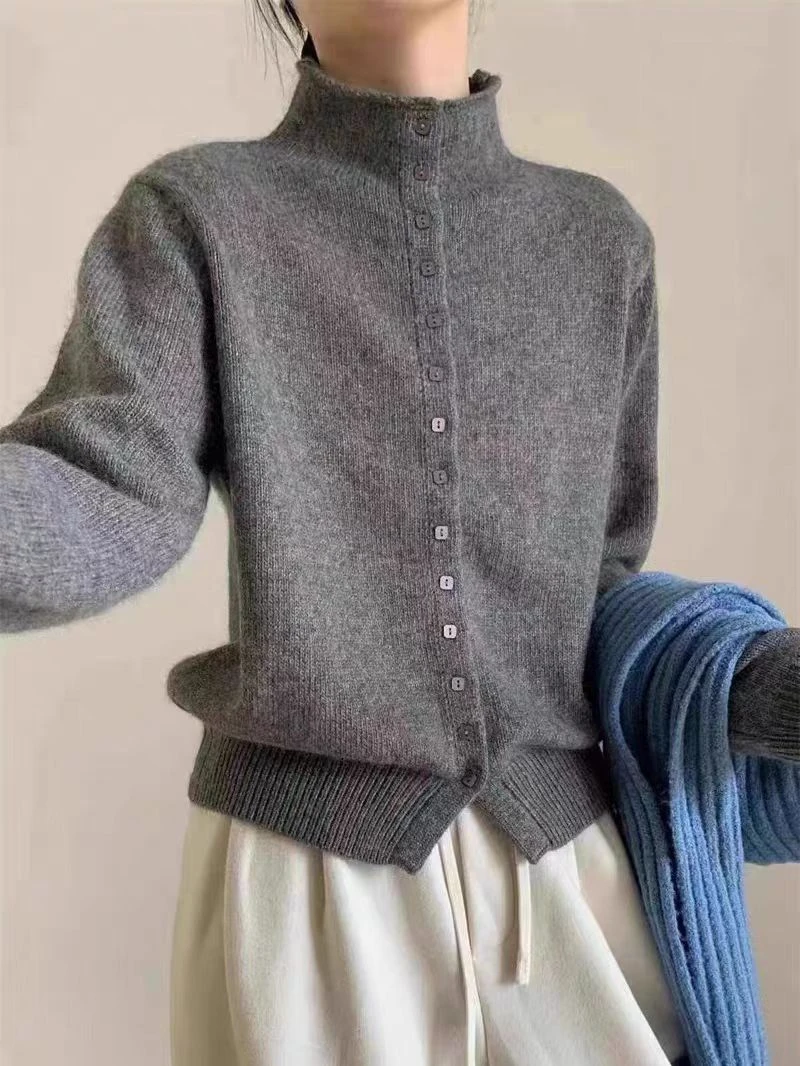 洋气单排扣半高领长袖针织开衫女秋冬新款显瘦打底衫毛衣7150