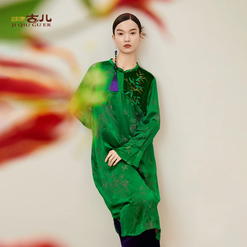 吉丘古儿竹韵连衣裙复古时尚摩登新中式绣花拼接中长裙G243Y006