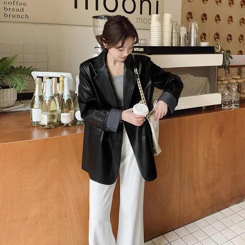 网红皮衣外套女2025休闲新款黑色皮夹克高级感复古短款PU西装上衣