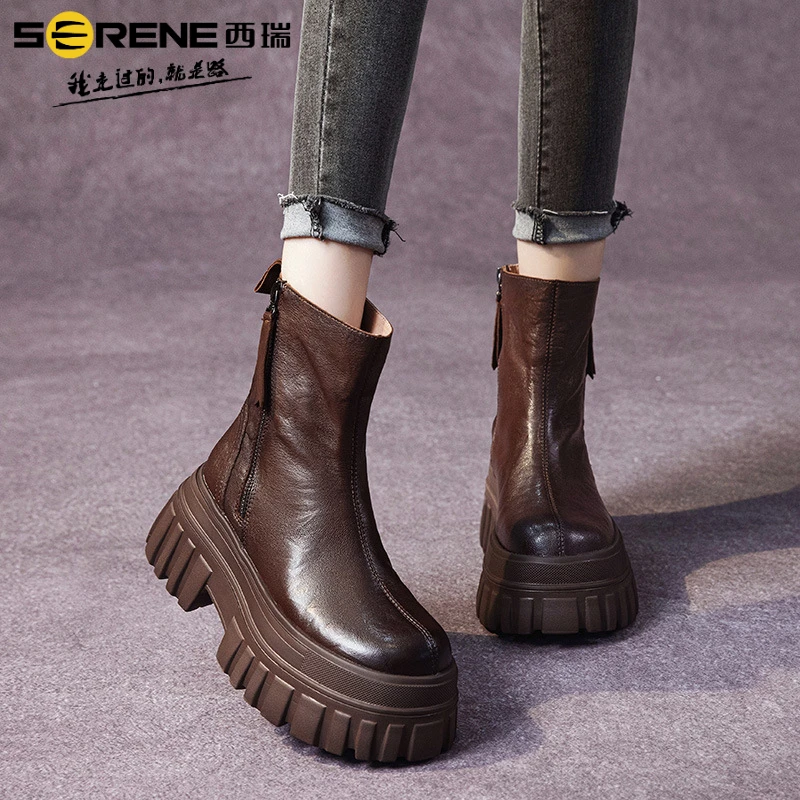 西瑞复古厚底马丁靴女款内增高高跟英伦风瘦瘦靴百搭秋冬新款女靴