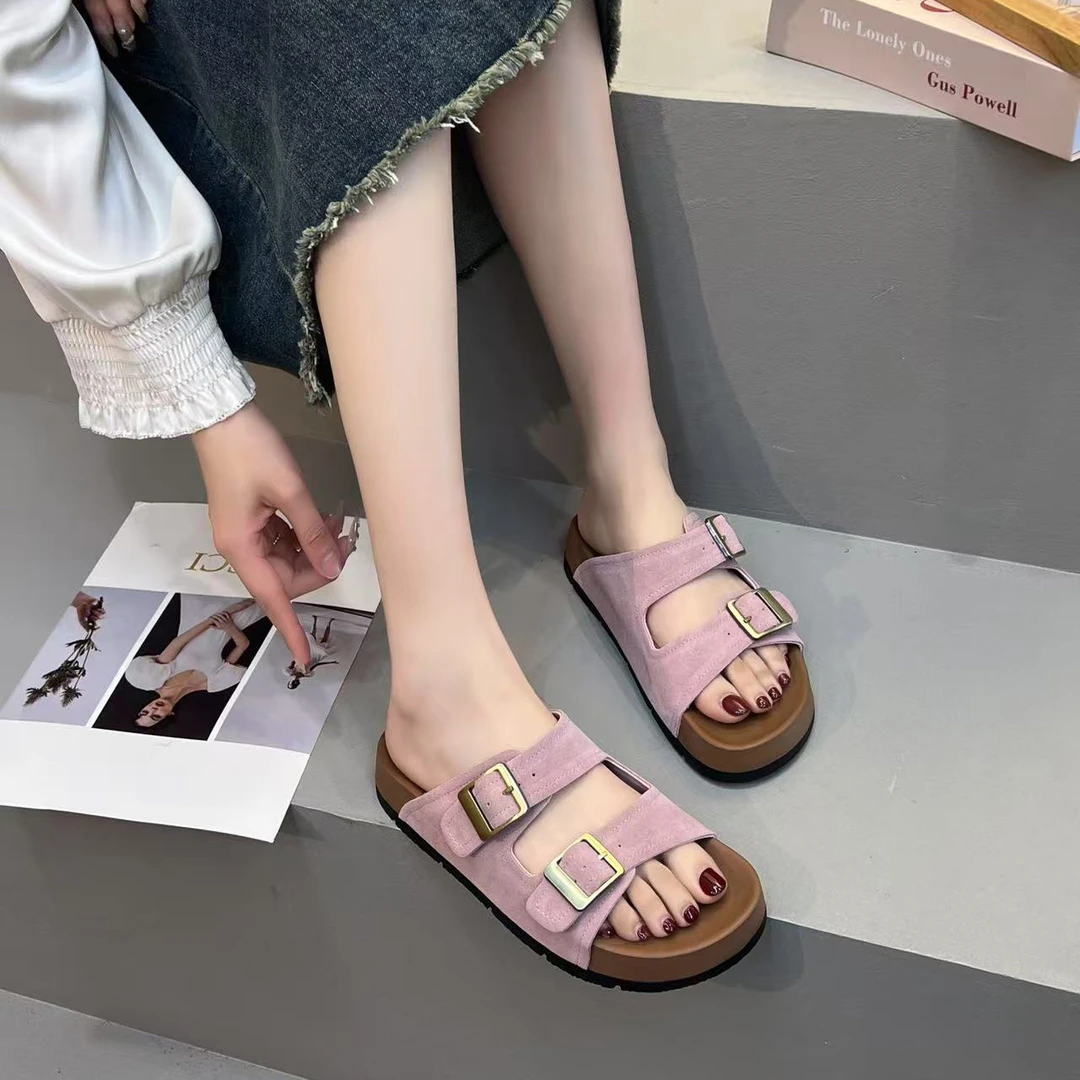 门店42&9！起司拖鞋」牛反绒皮休闲百搭一字厚底勃肯凉鞋女 C22406