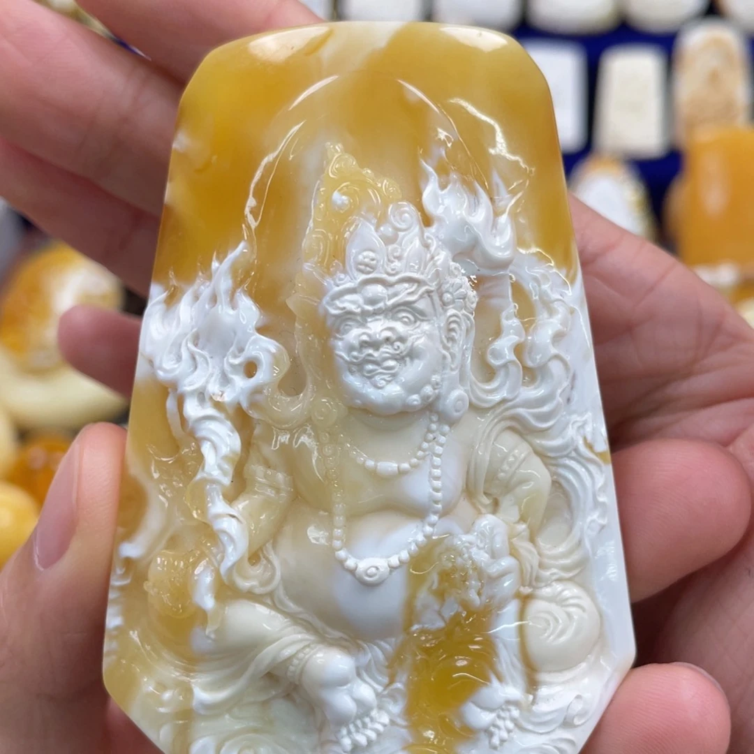 蜜蜡裸石未镶嵌琥珀蜜蜡黄财神吊坠