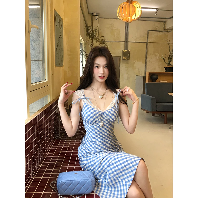 【12YE】纯欲风性感蕾丝吊带收腰显瘦格纹连衣裙 Q0013