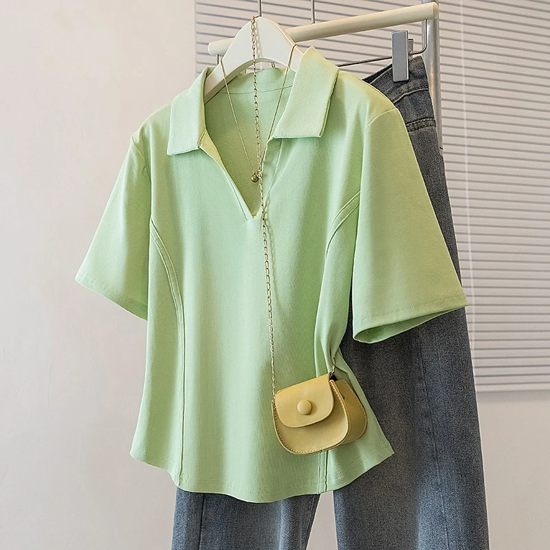 绿色Polo领正肩短袖T恤女2025夏季大码胖mm遮肚洋气减龄鱼骨上衣