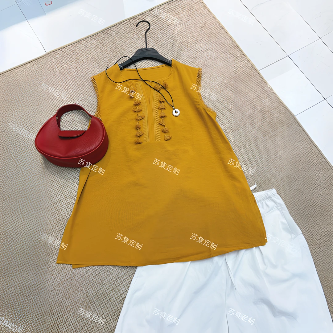 苏棠专属-流苏刺绣无袖衬衫时尚休闲百搭夏季宽松重工气质上衣