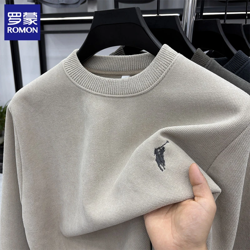 罗蒙冬季加绒卫衣男士加厚保暖秋冬款刺绣打底衫圆领长袖T恤上衣