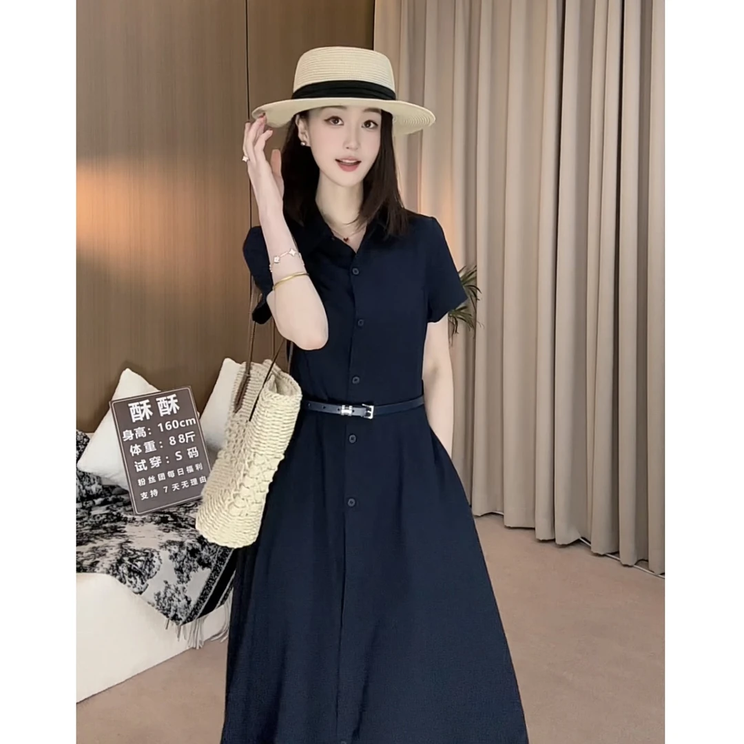 法式深蓝色短袖衬衫连衣裙女夏2025新款高级感两件套收腰设计感