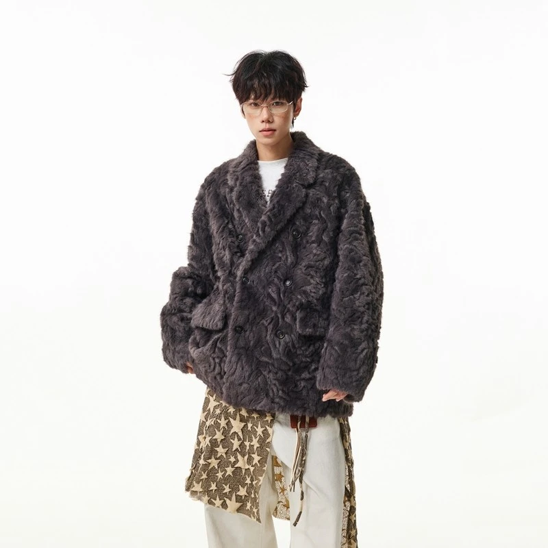 仿羊毛羊剪绒羊羔毛羊羔绒非皮毛一体皮草夹克外套男潮流帅气秋冬