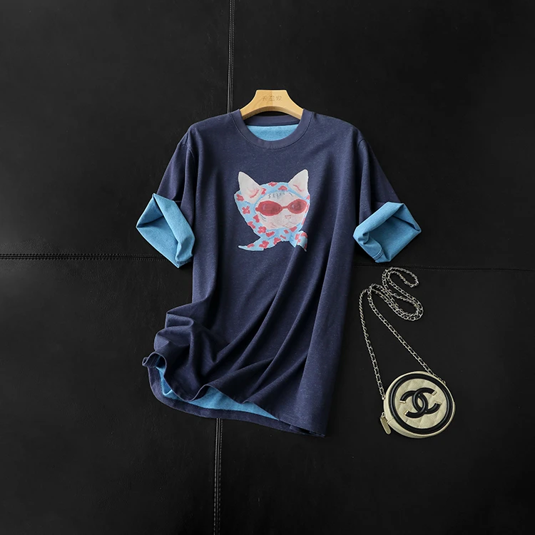 头巾猫咪T！设计师款 宽松中长款印花圆领短袖T恤女夏