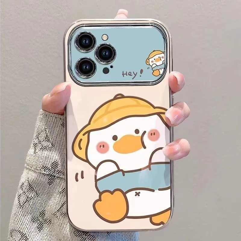 黄帽小白鸭适用17苹果16新款15个性14女款13手机壳电镀大视窗12
