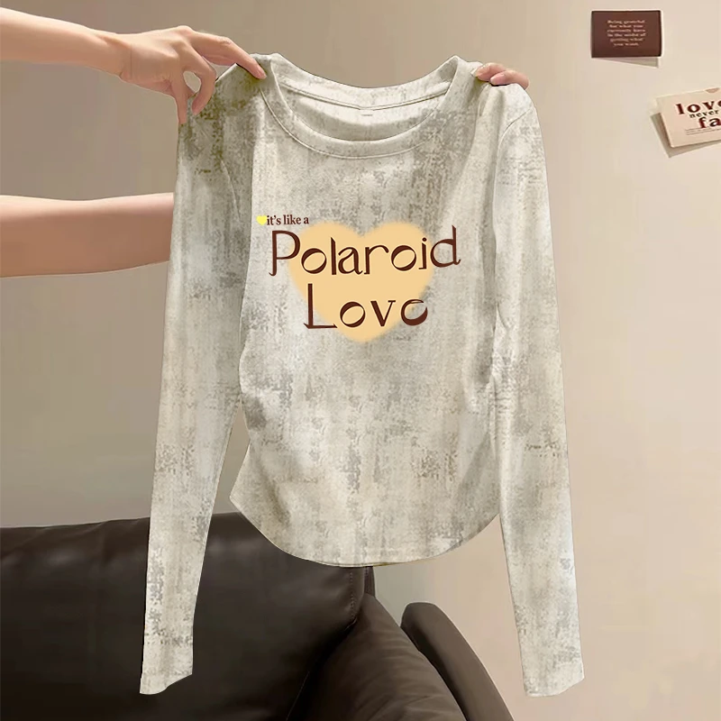 纯棉扎染圆领T恤卡通辣妹纯欲风长袖印花T恤秋冬款修身显瘦脏脏风
