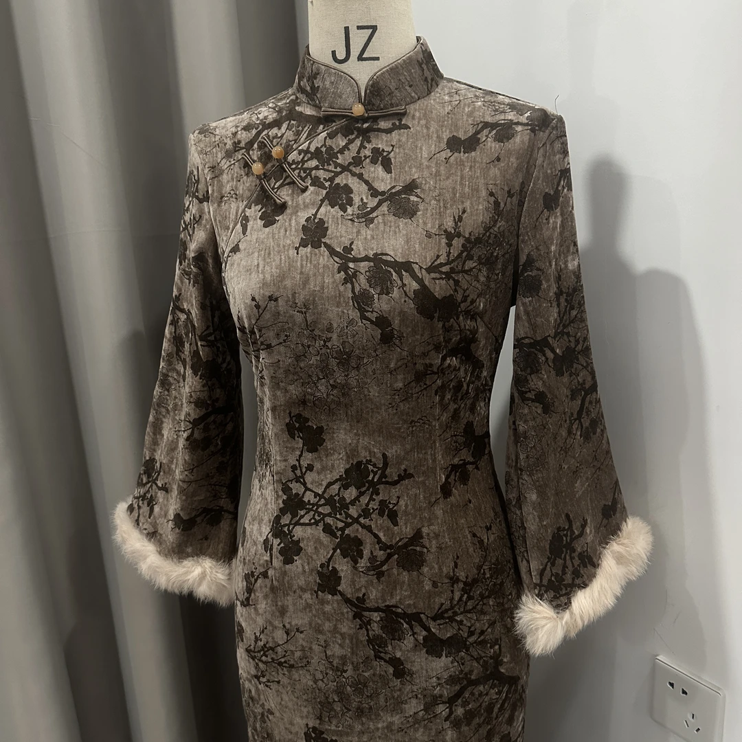 新中式美拉德兔毛袖口秋冬绒感显瘦日常旗袍