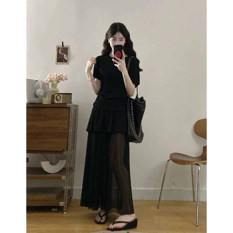 MO88ZSPF大码女装夏季胖mm显瘦短袖上衣假两件半裙时尚设计感套装