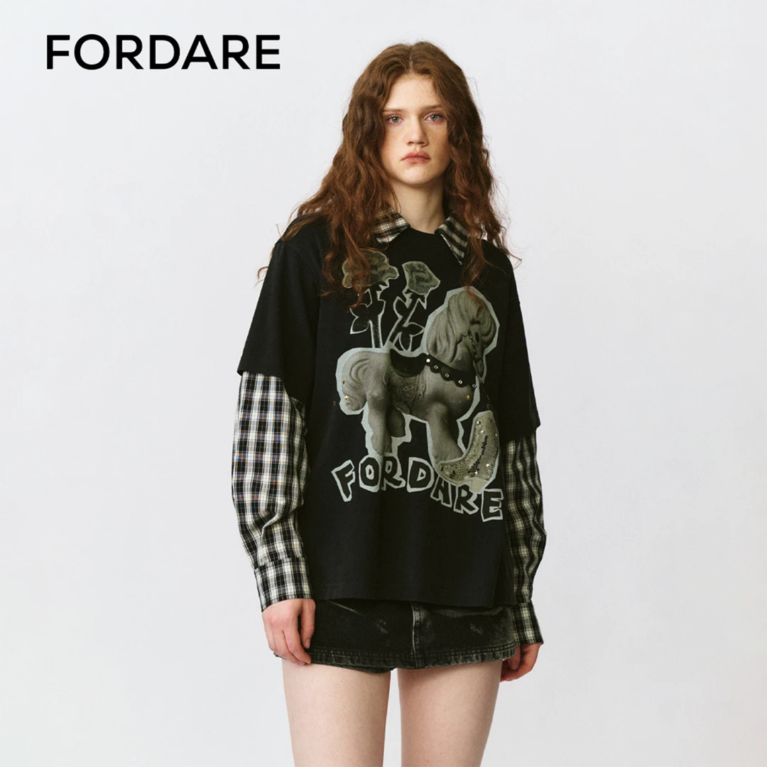 FORDARE 福蝶 25冬季新品黑色假两件陶瓷小马洗水T恤长袖宽松3736