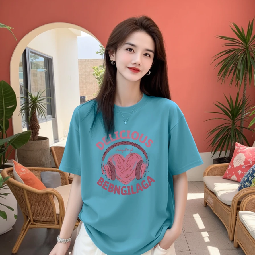 【耳机1】纯棉百搭宽松短袖T恤印花 男女同款纯棉上衣体恤休闲显瘦