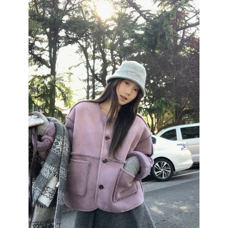 乌77高级感紫色皮毛一体圆领外套女通勤百搭羊羔毛麂皮绒短款上衣