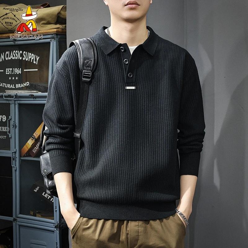 Mexican/稻草人秋冬高级感翻领针织毛衣男款休闲肌理感内搭打底衫